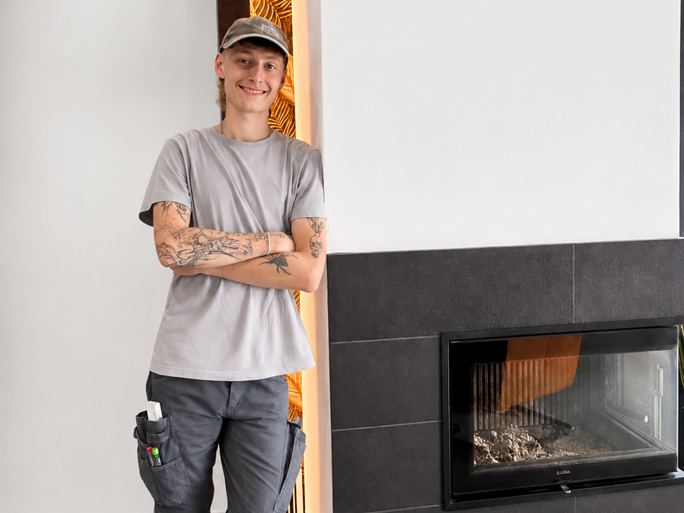 Erik vor modernem Kamin