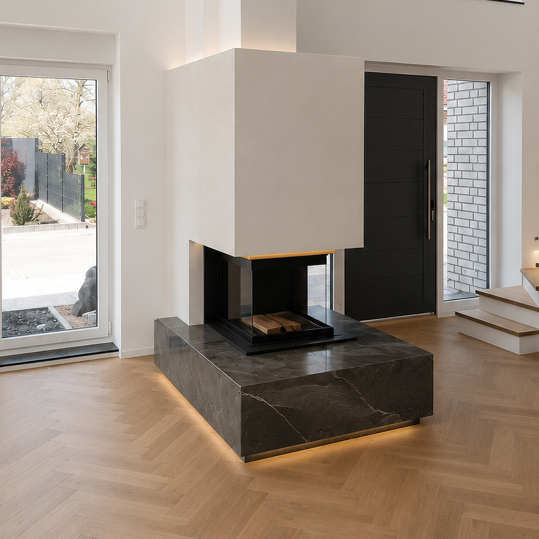 Moderner Kamin mit Treppe